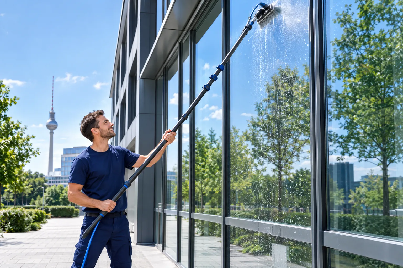 Glas- und Fassadenreinigung in Berlin: Fensterreiniger reinigt eine Glasfassade mit Teleskopstange und Reinwasser