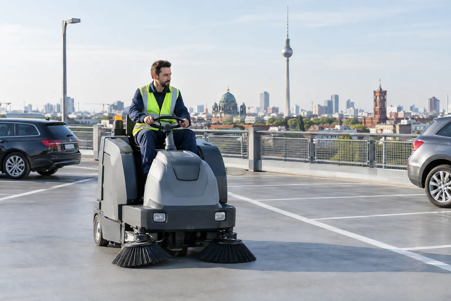 Parkhausreinigung in Berlin: Kehrmaschine auf dem Parkdeck eines Parkhauses, im Hintergrund die Berliner Skyline
