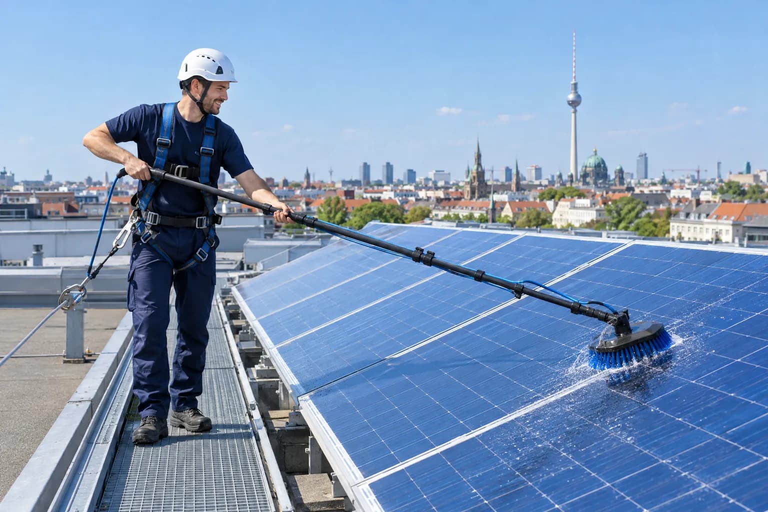 Photovoltaik-Reinigung in Berlin: gesicherter Mitarbeiter reinigt Solarmodule auf einem Flachdach mit Reinwasser-Bürste