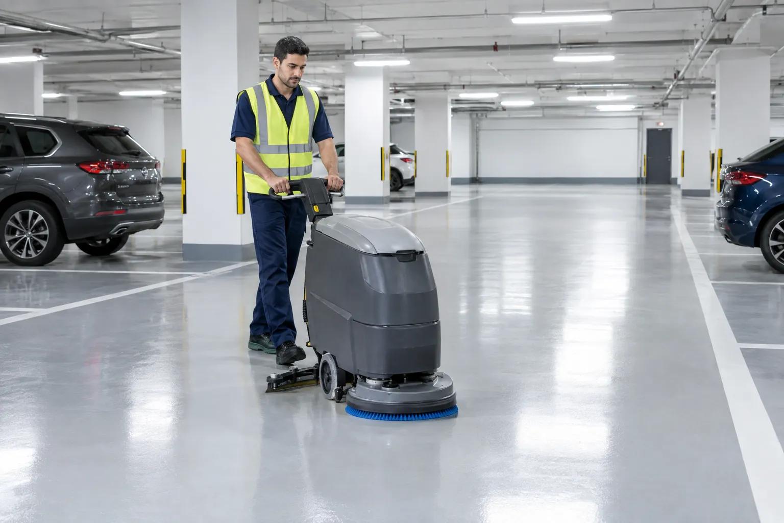Tiefgaragenreinigung in Berlin: Reinigungskraft reinigt den Boden einer Tiefgarage mit einer Scheuersaugmaschine