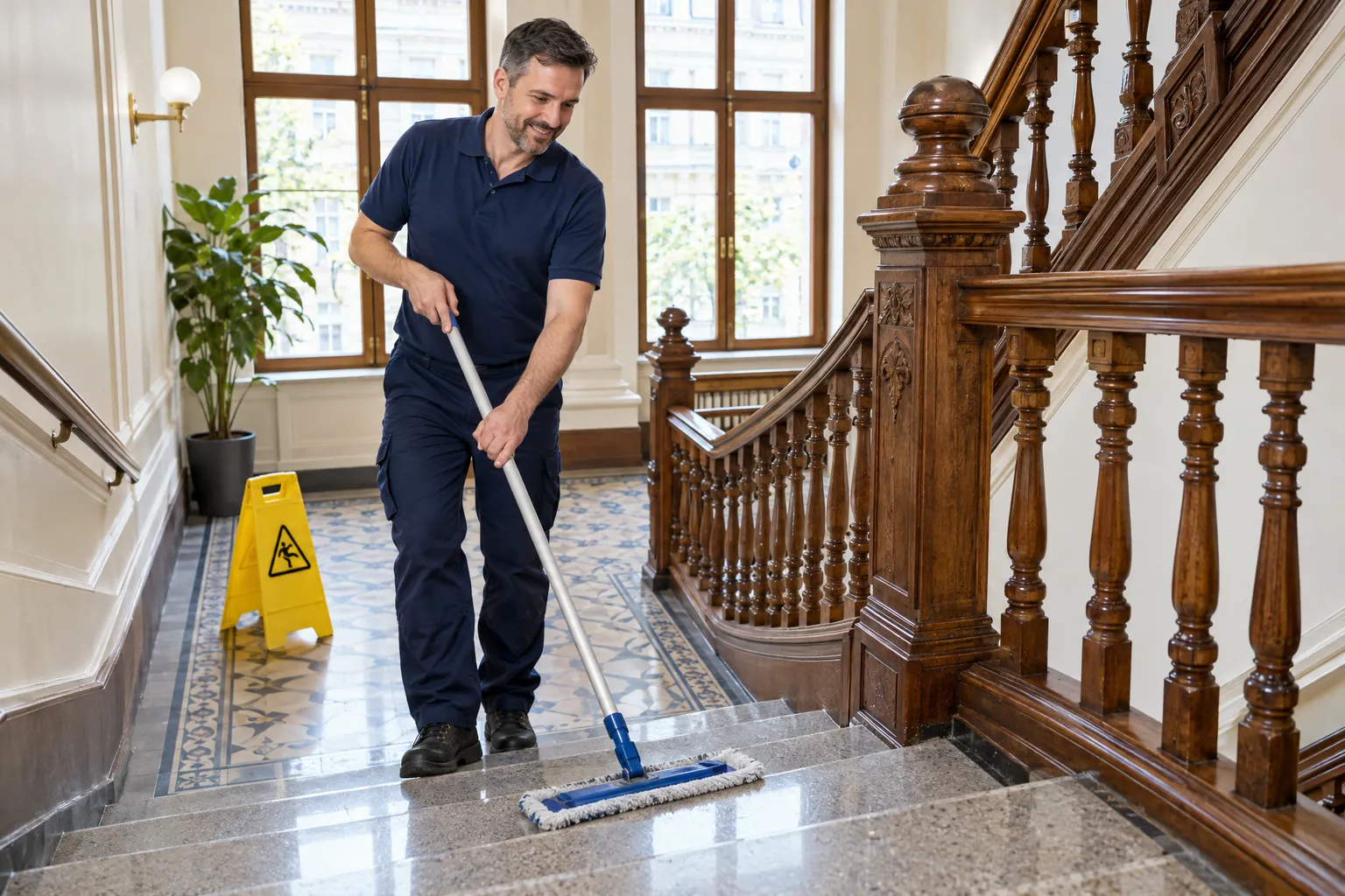 Treppenhausreinigung in Berlin: Reinigungskraft wischt die Stufen eines Gründerzeit-Treppenhauses mit Holzgeländer und Fliesenboden