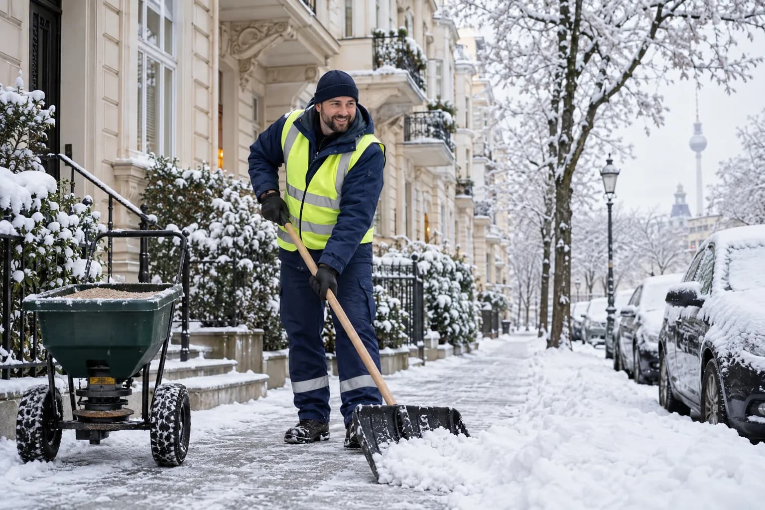 Winterdienst in Berlin: Mitarbeiter räumt Schnee vom Gehweg vor einem Altbau, daneben ein Streuwagen